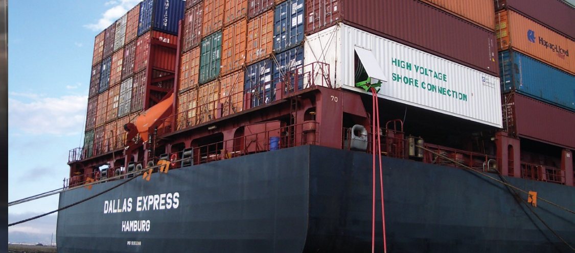 Container vessel with a high-voltage shore connection container on deck